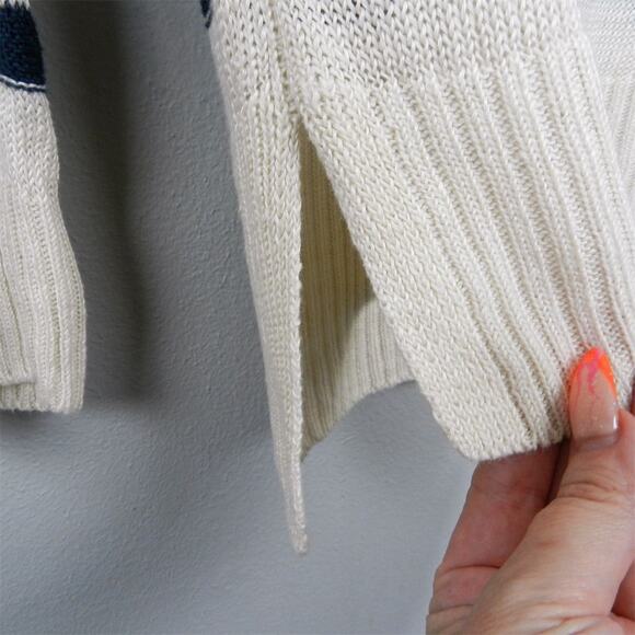 Joie Linen‎ Pullover Fisherman Sweater Size L Navy Blue Ivory Striped Knit - Picture 4 of 10